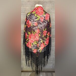 Vintage Floral Fringe Shawl Black Red Rose Mesh Boho Spanish Style Wrap